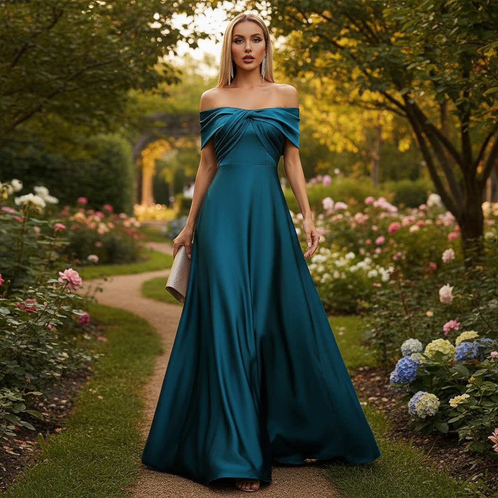 Women's Off-Shoulder Satin Maxi Evening Gown Party Bottoming Dress 3