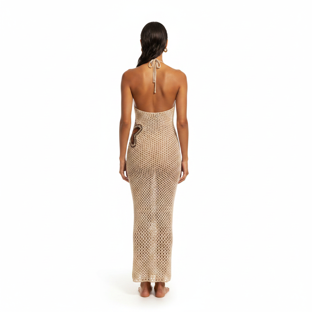 Women's Crochet Halter Neck Maxi Dress with Floral Accent Clothing 7