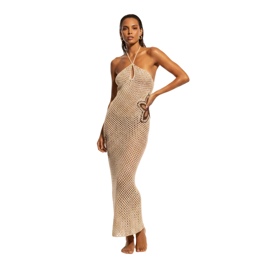 Women's Crochet Halter Neck Maxi Dress with Floral Accent Clothing