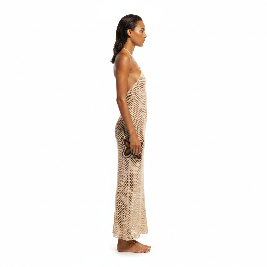Women's Crochet Halter Neck Maxi Dress with Floral Accent Clothing 8