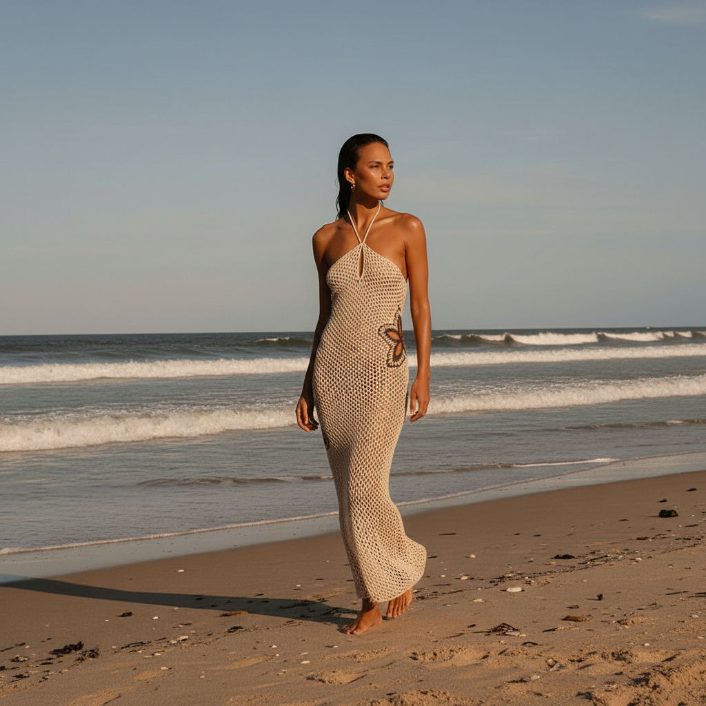 Women's Crochet Halter Neck Maxi Dress with Floral Accent Clothing 3