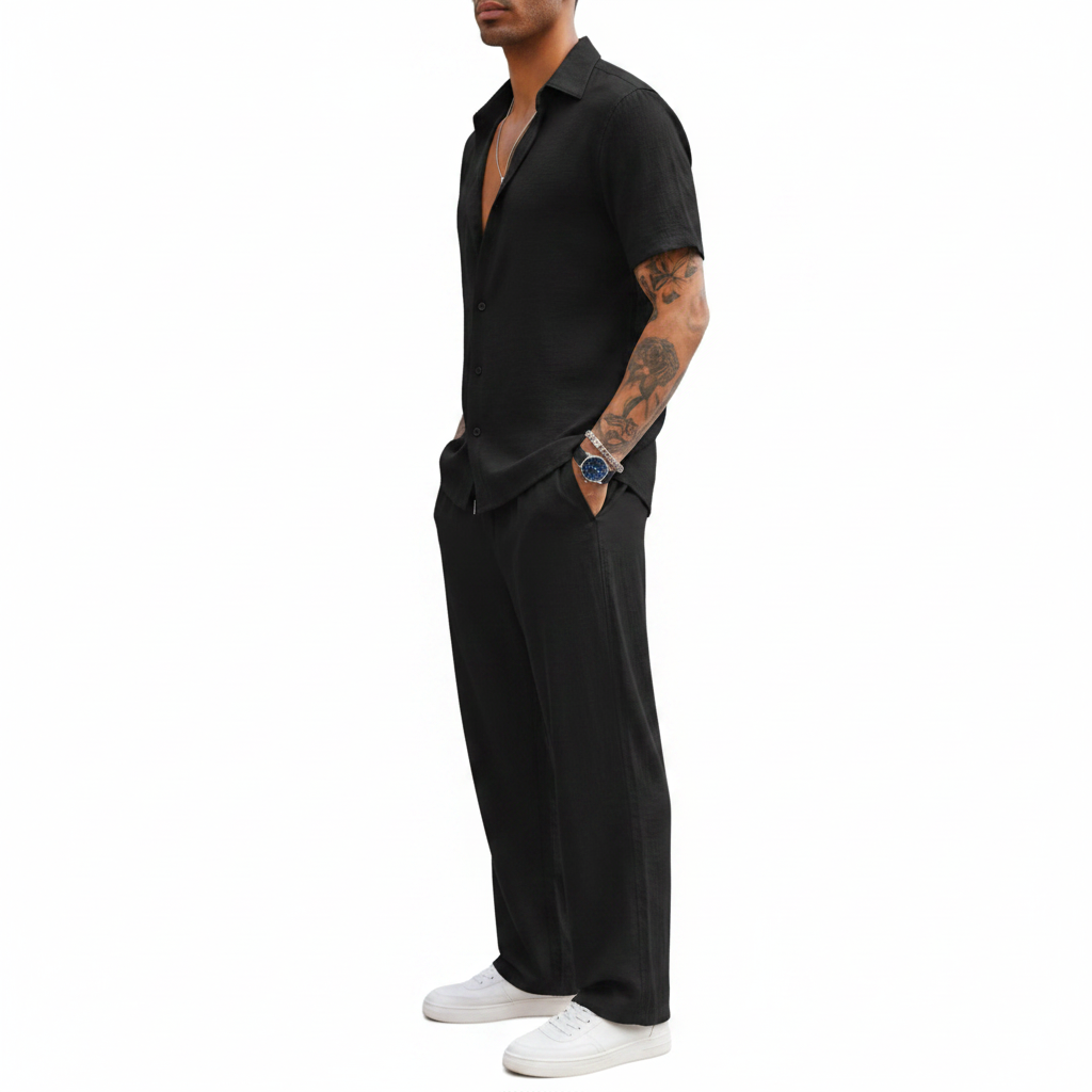 Men’s Ribbed Short Sleeve Button-Up Shirt with Drawstring Pants Set in Gray 6
