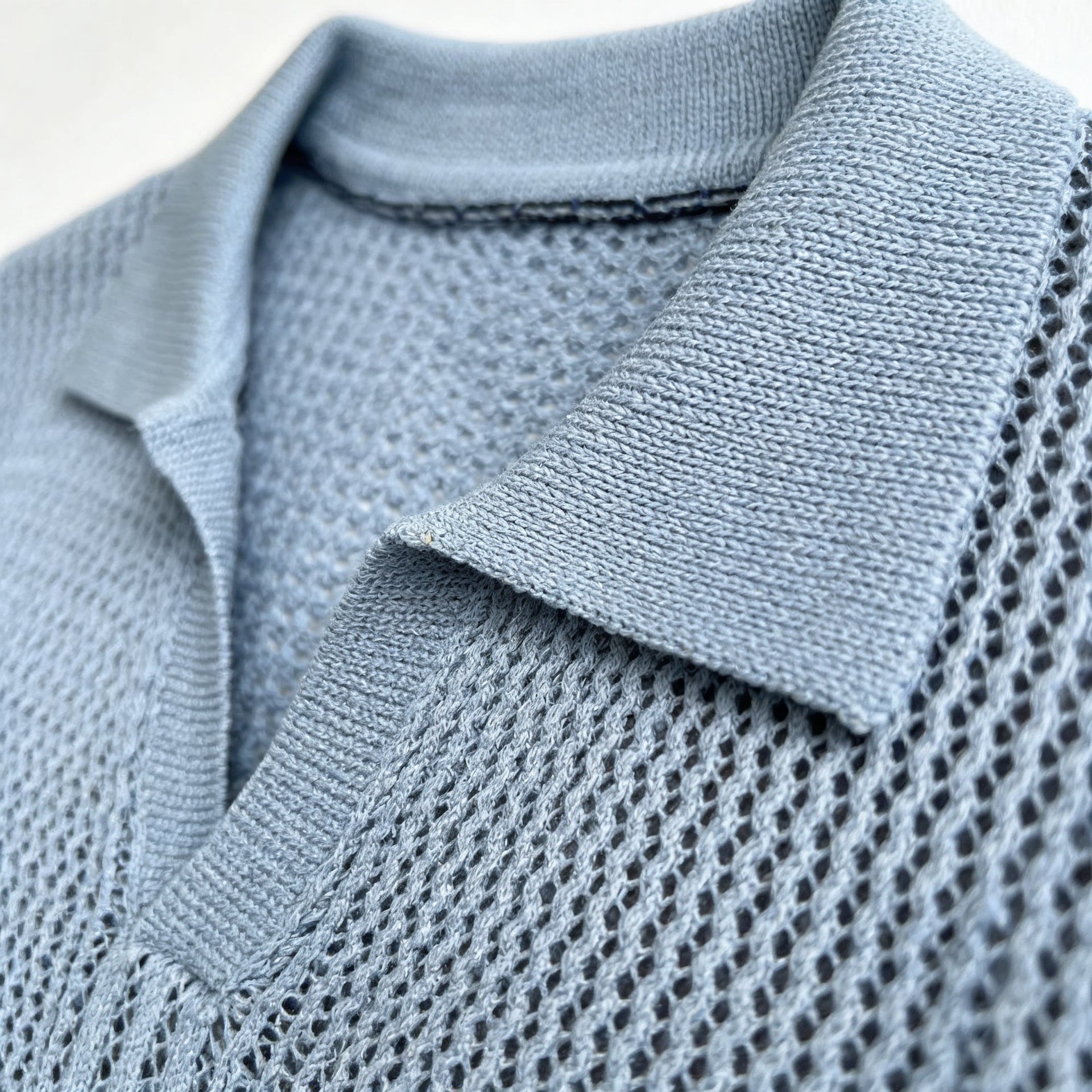 Mens Light Blue Mesh Hollow-Out Knitted Polo Shirt 4