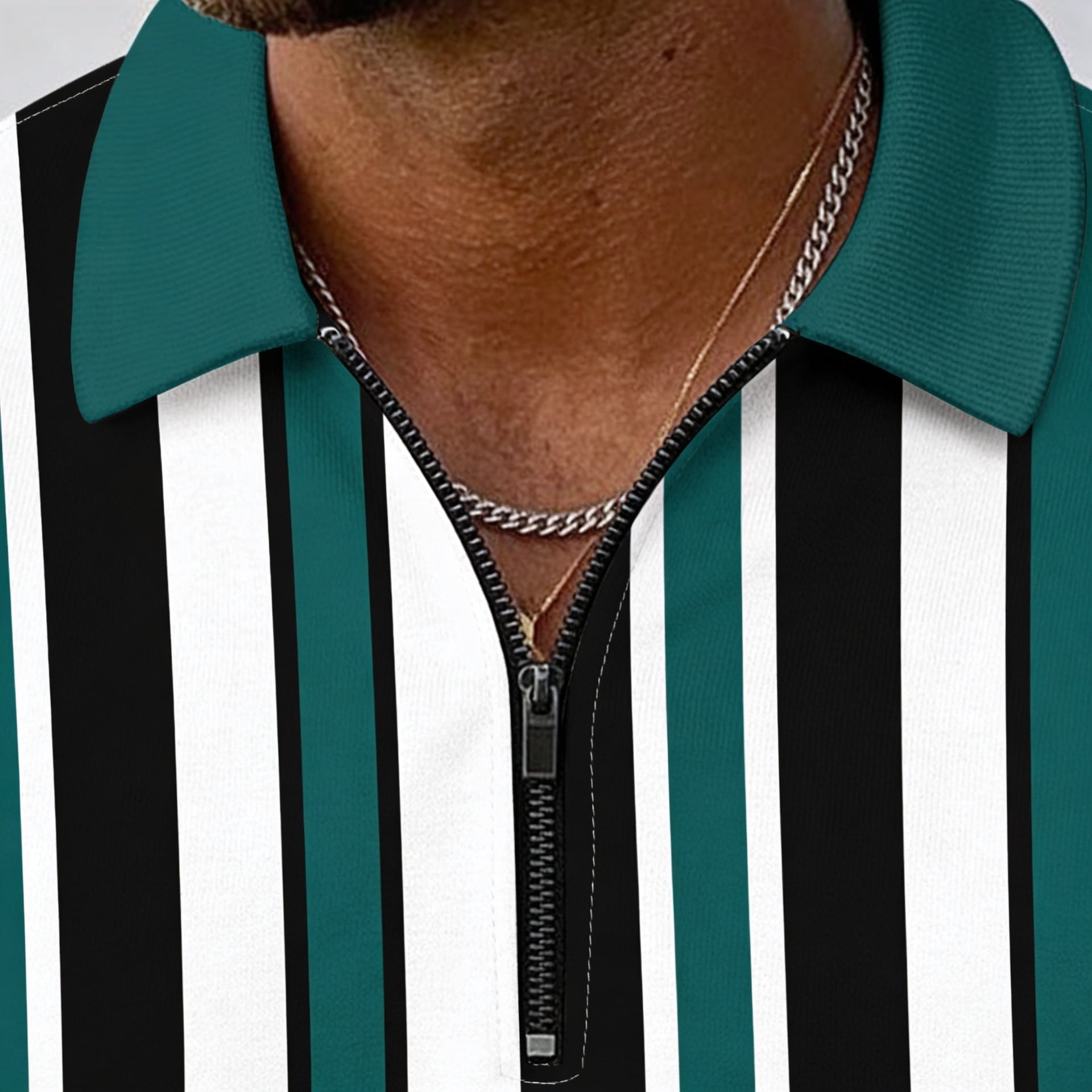 Men’s Green and Black Vertical Stripe Zip Polo Shirt and Shorts Set 3