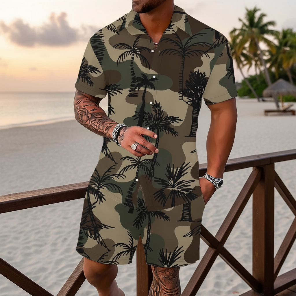 Men’s Sleeve Hawaiian Shirt with Black Palm Tree Print and Shorts Set 48
