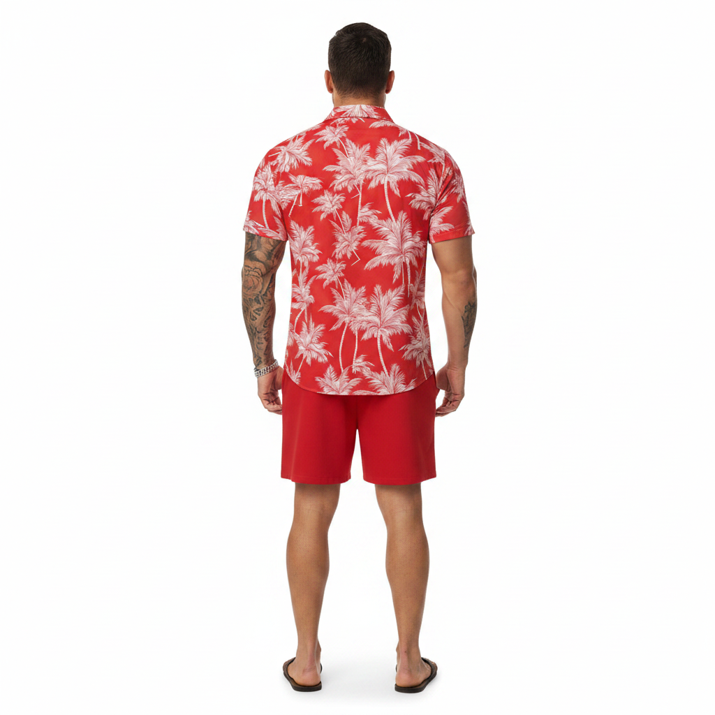 Men’s Sleeve Hawaiian Shirt with Black Palm Tree Print and Shorts Set 39