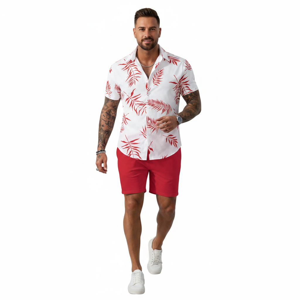 Men’s Sleeve Hawaiian Shirt with Black Palm Tree Print and Shorts Set 13