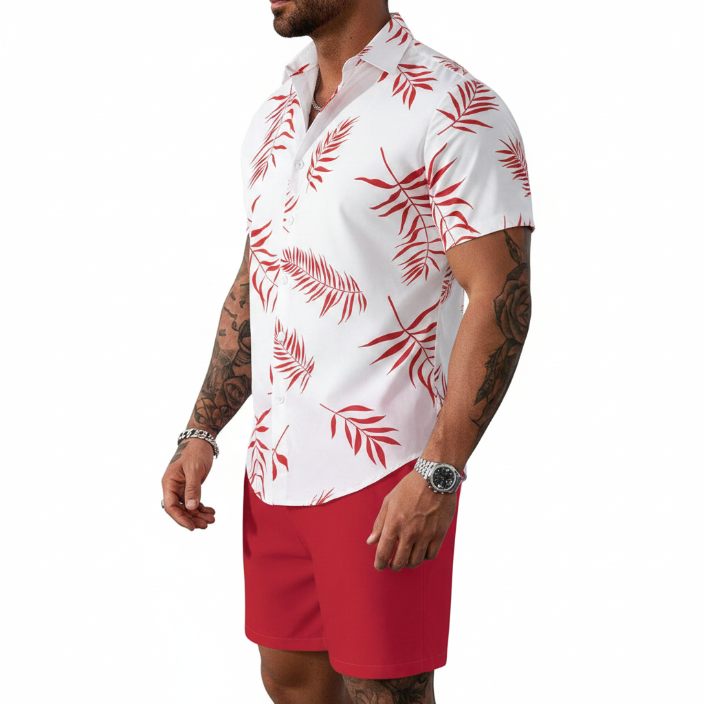 Men’s Sleeve Hawaiian Shirt with Black Palm Tree Print and Shorts Set 14