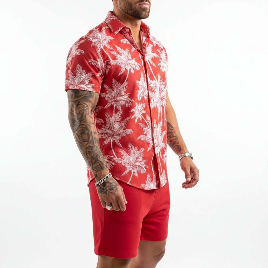 Men’s Sleeve Hawaiian Shirt with Black Palm Tree Print and Shorts Set 38
