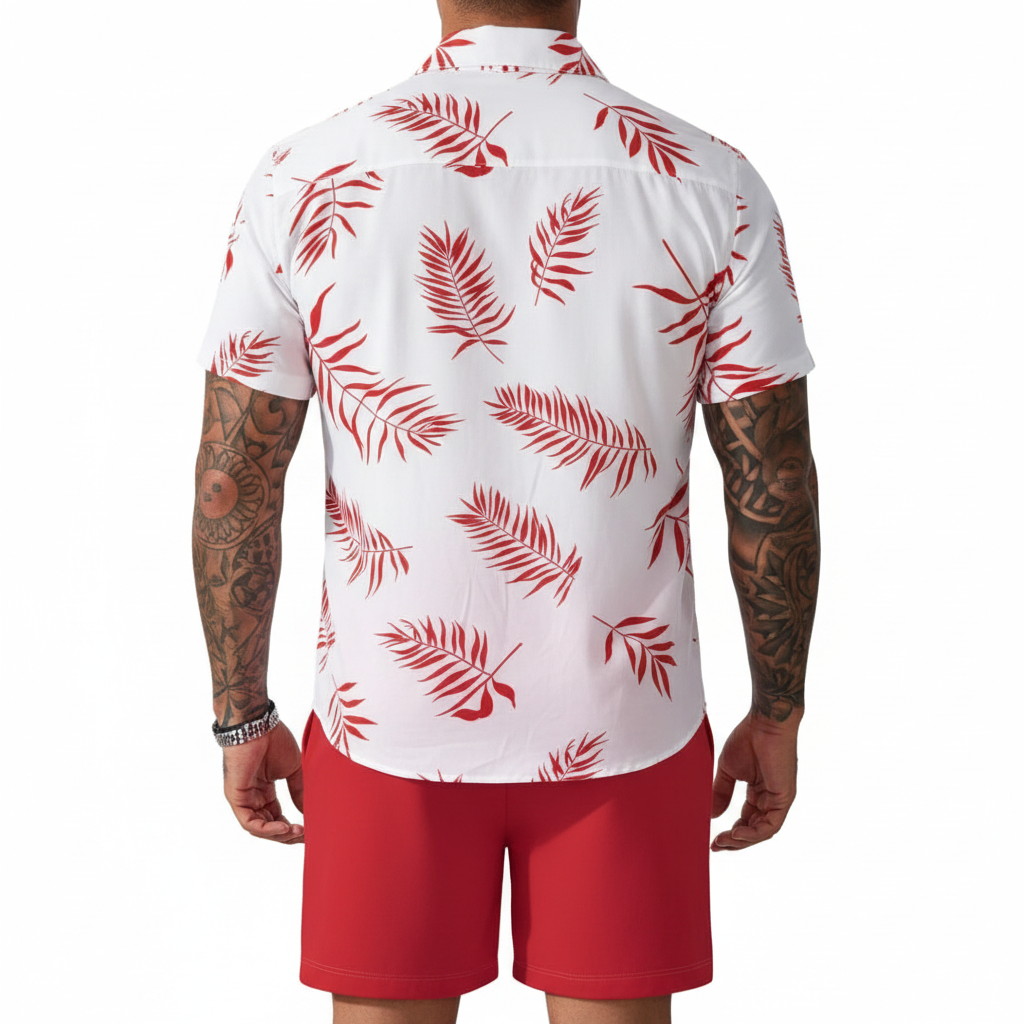Men’s Sleeve Hawaiian Shirt with Black Palm Tree Print and Shorts Set 15