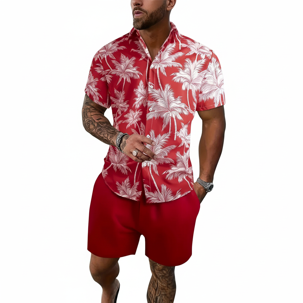 Men’s Sleeve Hawaiian Shirt with Black Palm Tree Print and Shorts Set 37