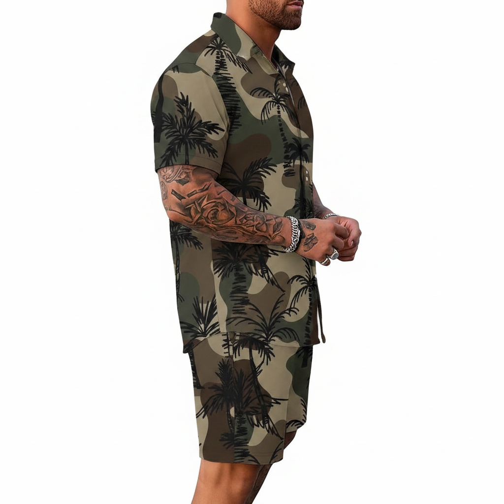 Men’s Sleeve Hawaiian Shirt with Black Palm Tree Print and Shorts Set 46