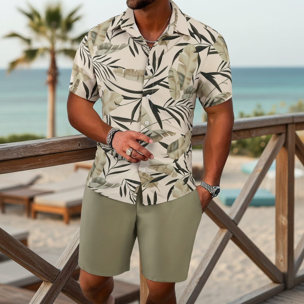 Men’s Sleeve Hawaiian Shirt with Black Palm Tree Print and Shorts Set 24