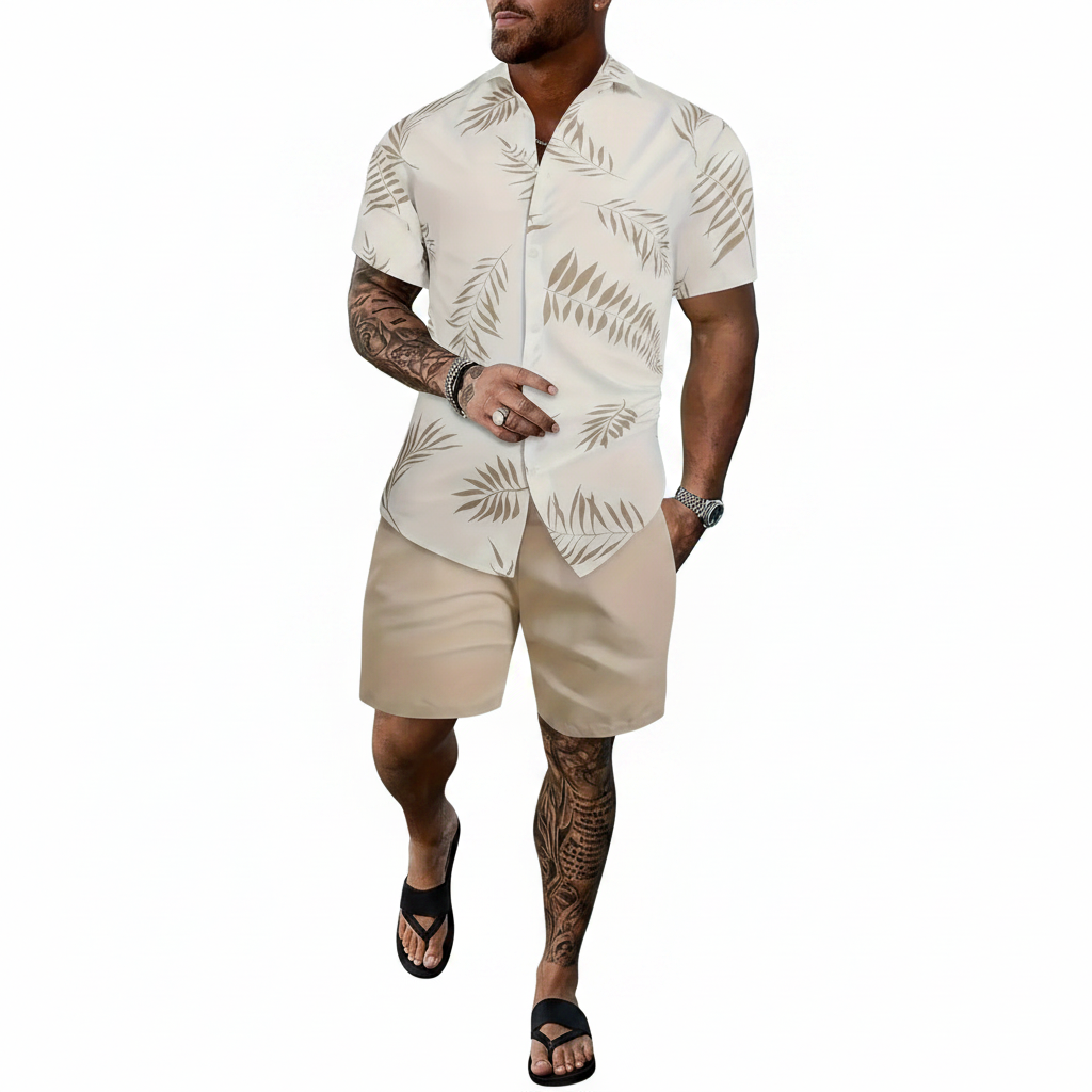 Men’s Sleeve Hawaiian Shirt with Black Palm Tree Print and Shorts Set 25