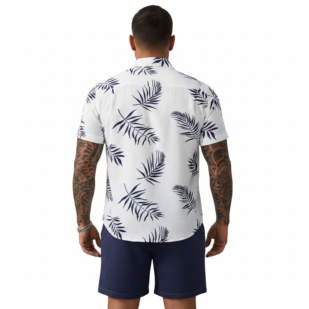 Men’s Sleeve Hawaiian Shirt with Black Palm Tree Print and Shorts Set 10