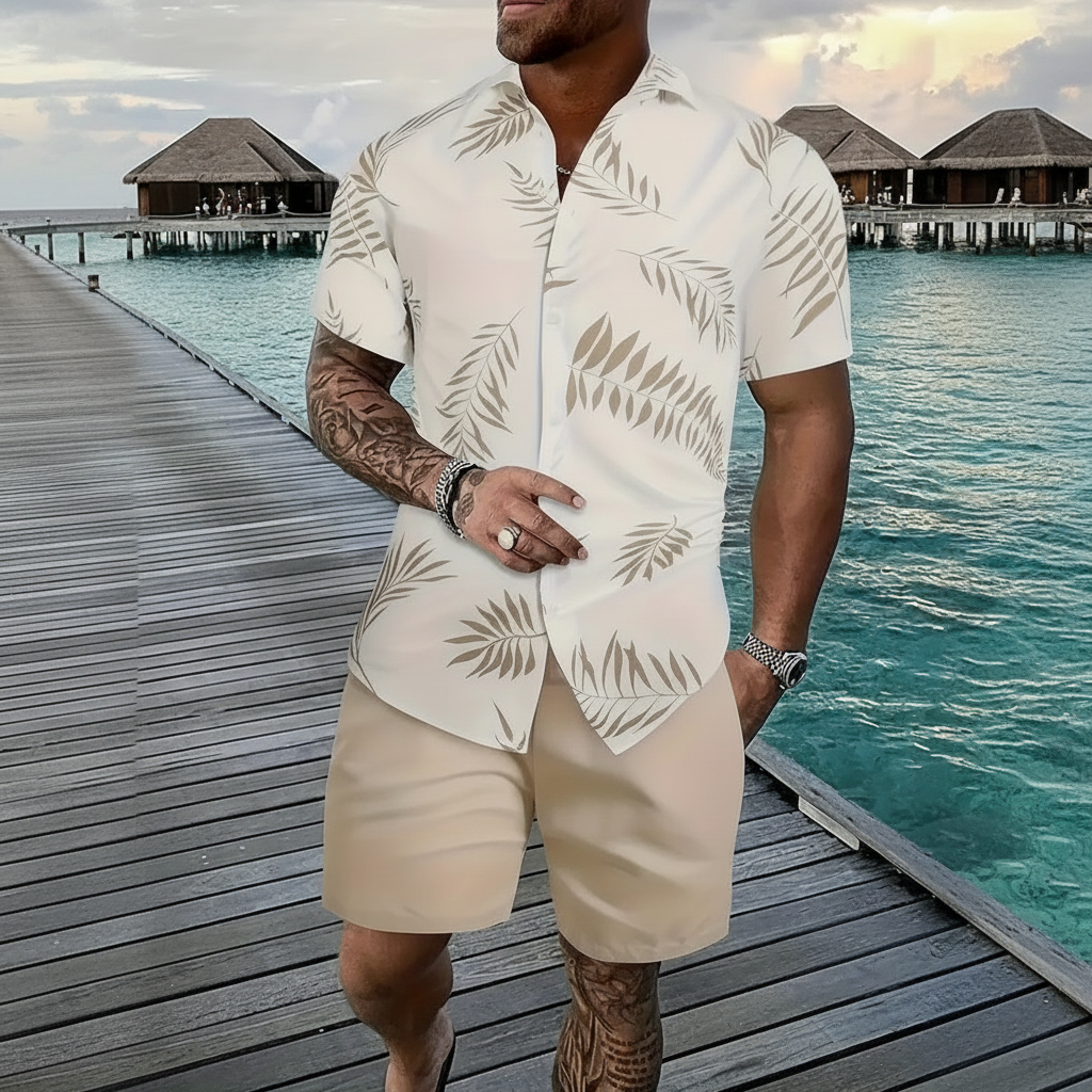 Men’s Sleeve Hawaiian Shirt with Black Palm Tree Print and Shorts Set 28