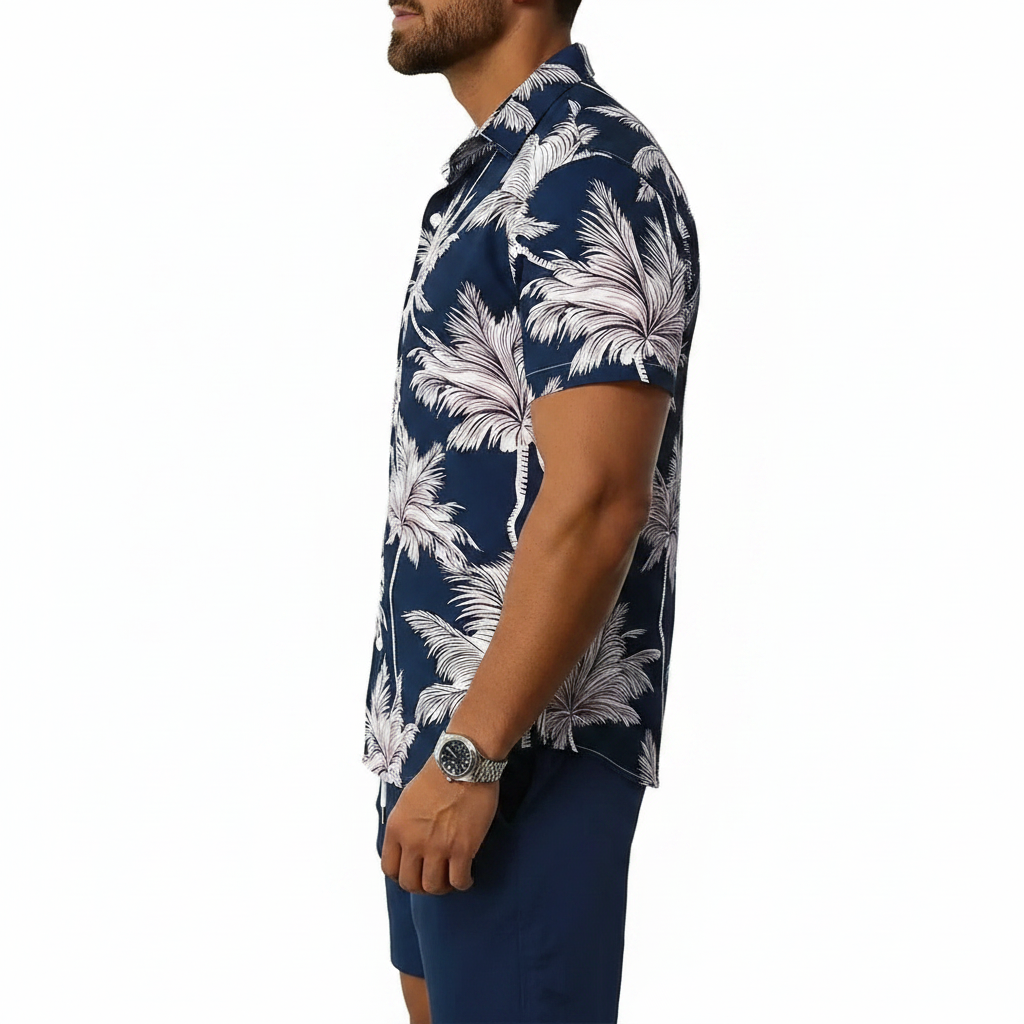 Men’s Sleeve Hawaiian Shirt with Black Palm Tree Print and Shorts Set 31