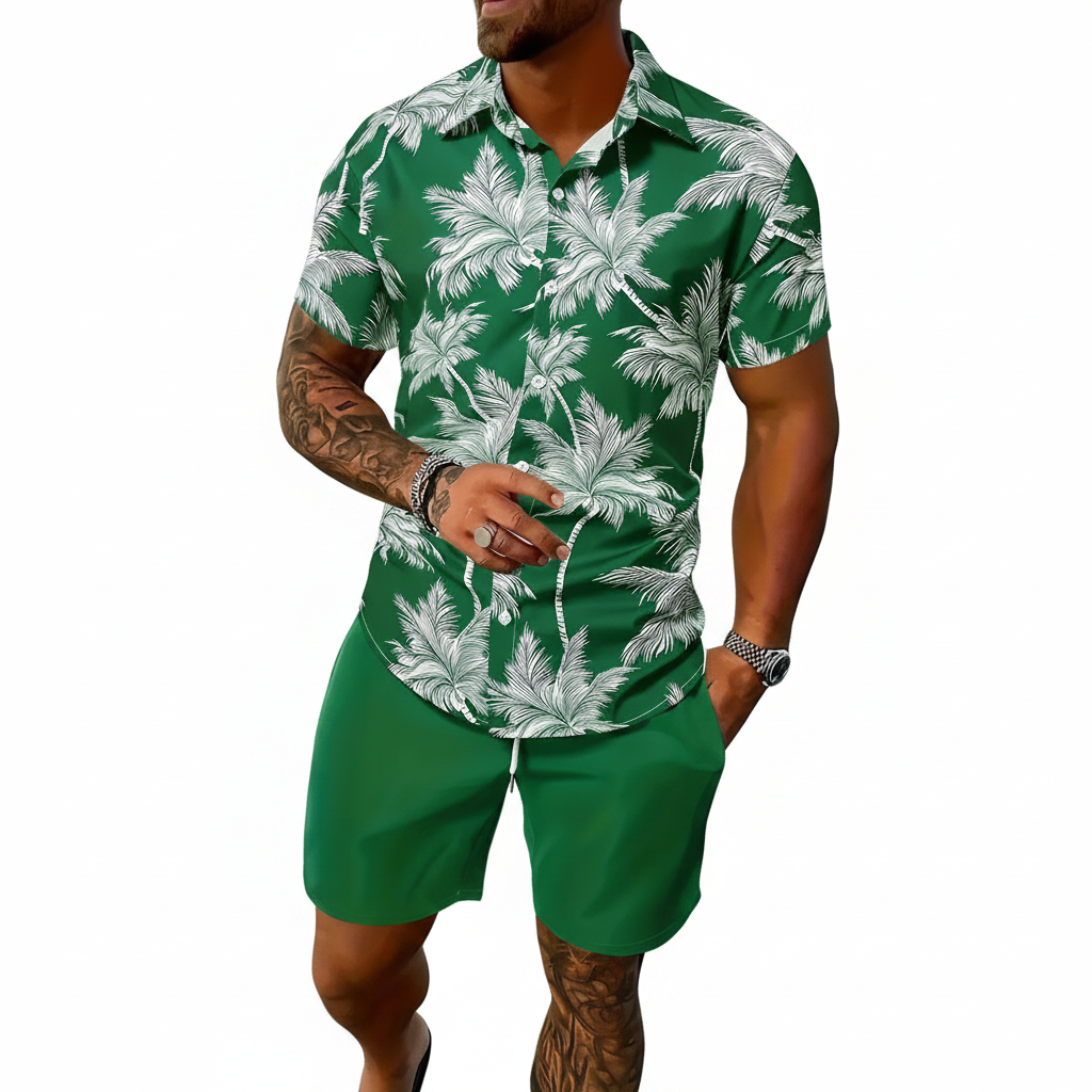 Men’s Sleeve Hawaiian Shirt with Black Palm Tree Print and Shorts Set 51