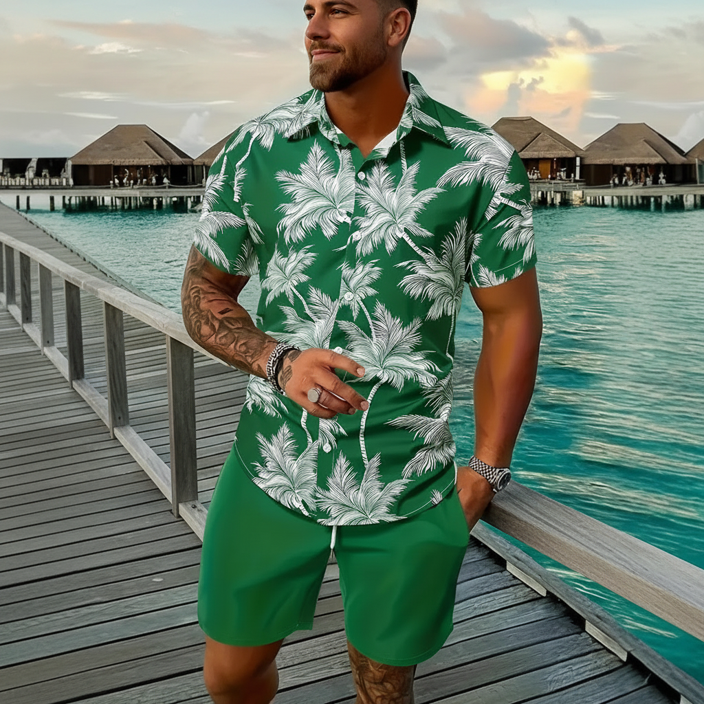 Men’s Sleeve Hawaiian Shirt with Black Palm Tree Print and Shorts Set 52