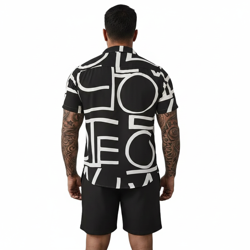 Men’s Sleeve Hawaiian Shirt with Black Palm Tree Print and Shorts Set 43