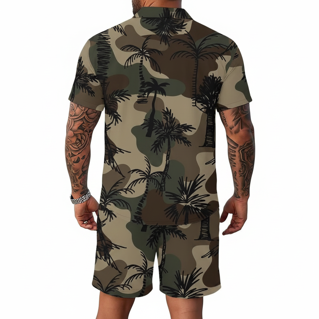 Men’s Sleeve Hawaiian Shirt with Black Palm Tree Print and Shorts Set 47