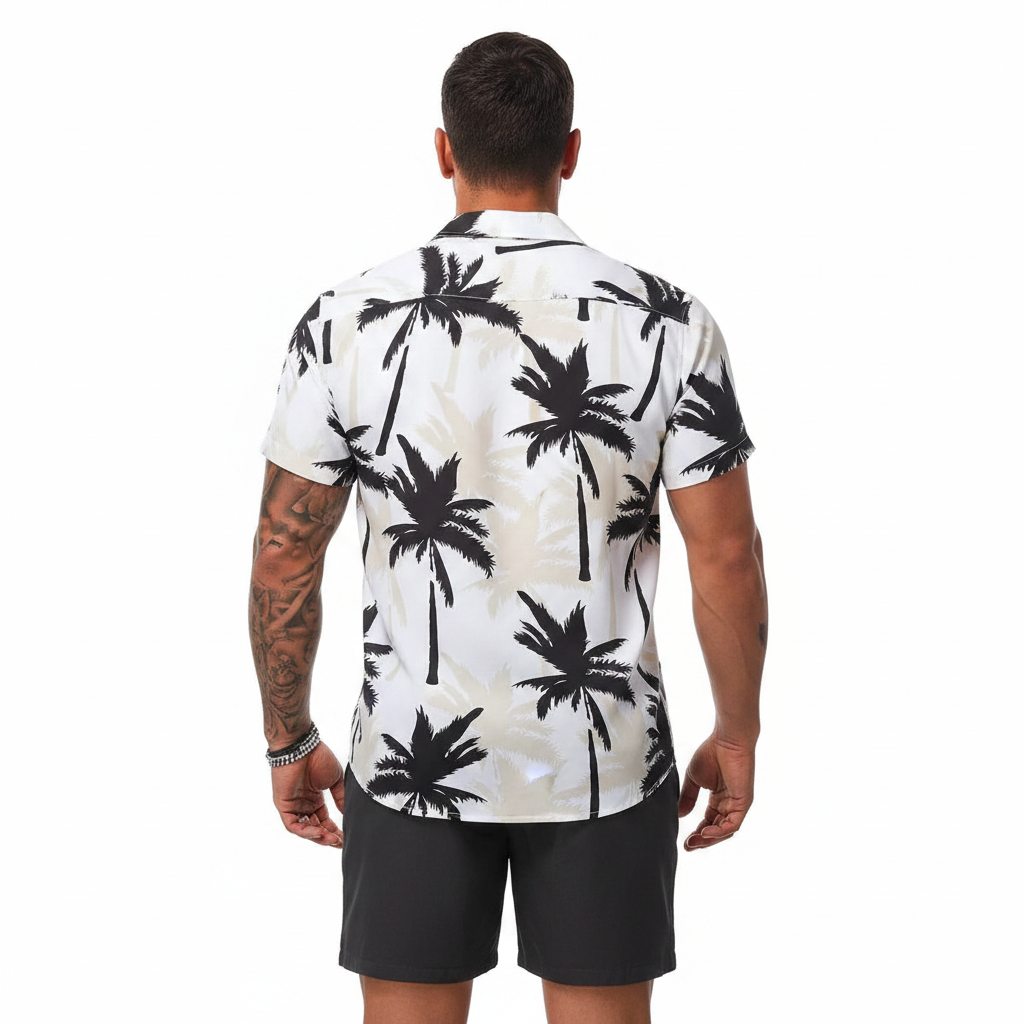Men’s Sleeve Hawaiian Shirt with Black Palm Tree Print and Shorts Set 34