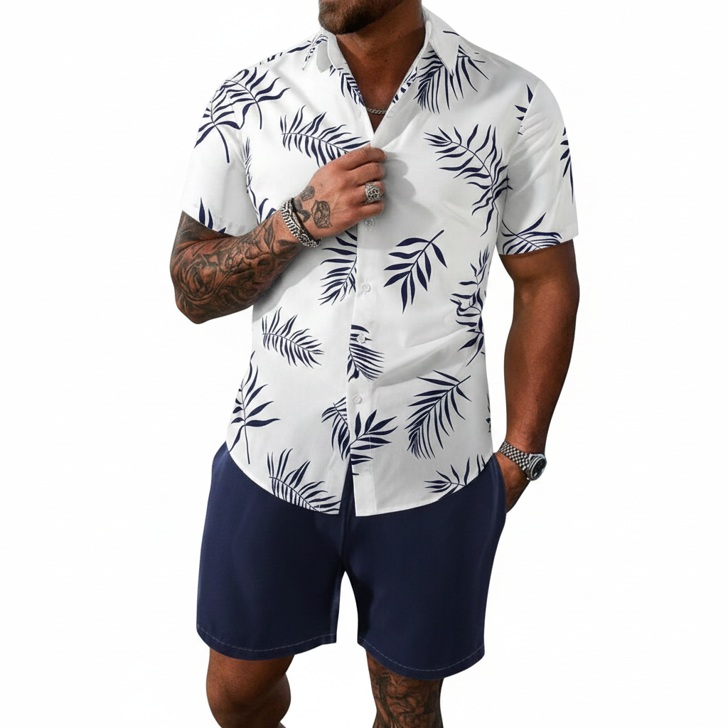 Men’s Sleeve Hawaiian Shirt with Black Palm Tree Print and Shorts Set 9