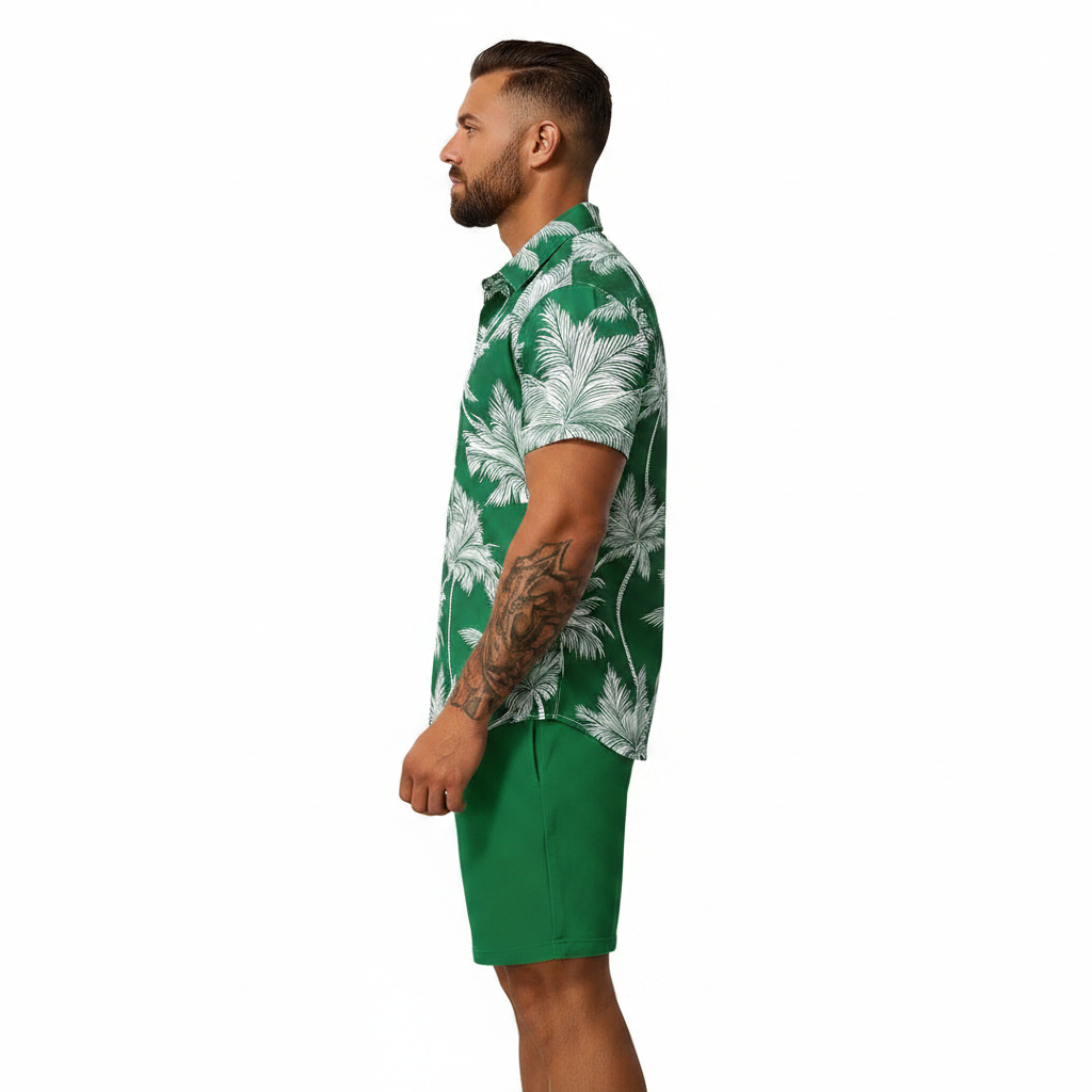 Men’s Sleeve Hawaiian Shirt with Black Palm Tree Print and Shorts Set 49
