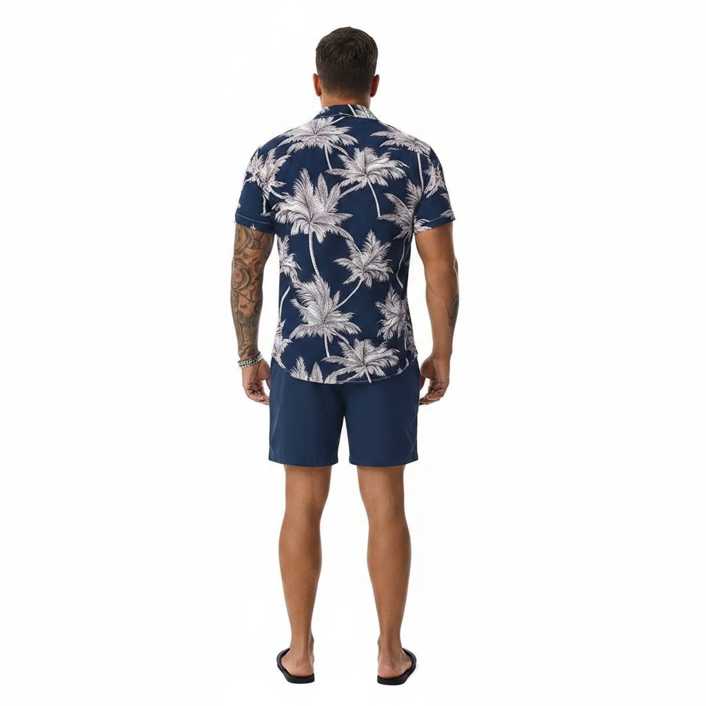 Men’s Sleeve Hawaiian Shirt with Black Palm Tree Print and Shorts Set 30