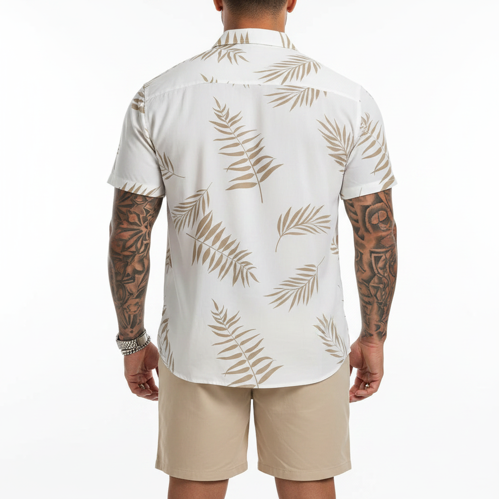 Men’s Sleeve Hawaiian Shirt with Black Palm Tree Print and Shorts Set 26