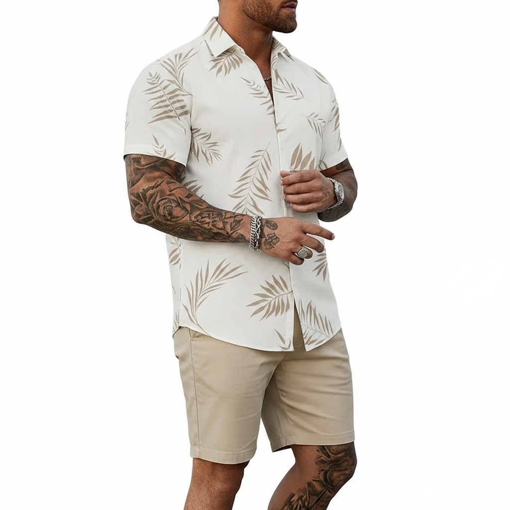 Men’s Sleeve Hawaiian Shirt with Black Palm Tree Print and Shorts Set 27