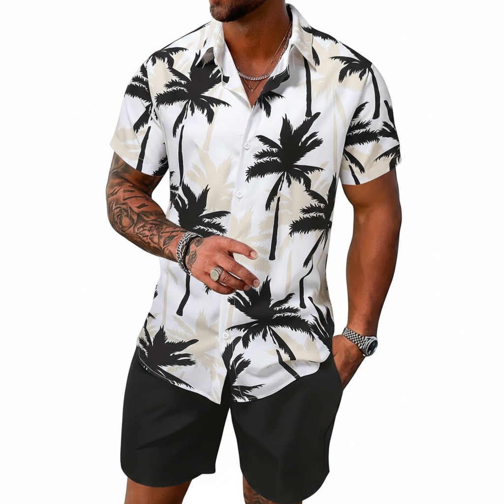 Men’s Sleeve Hawaiian Shirt with Black Palm Tree Print and Shorts Set 33