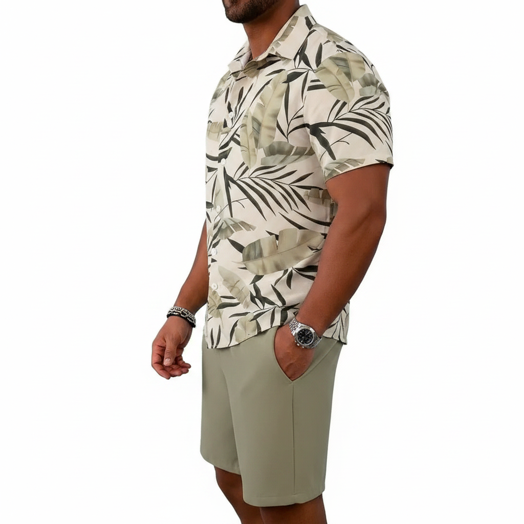 Men’s Sleeve Hawaiian Shirt with Black Palm Tree Print and Shorts Set 22