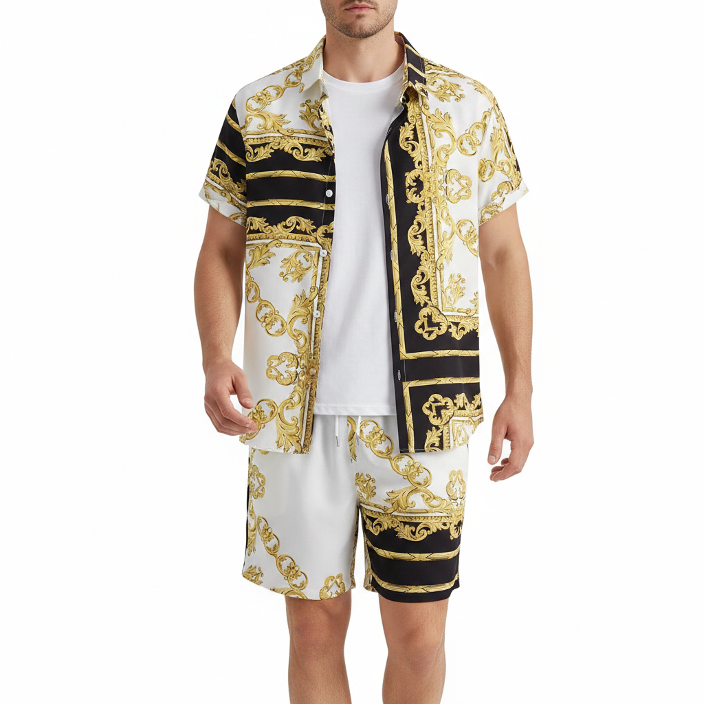 Men’s Sleeve Hawaiian Shirt with Black Palm Tree Print and Shorts Set 17