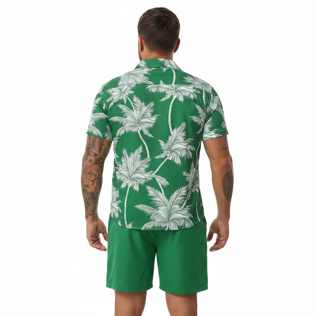 Men’s Sleeve Hawaiian Shirt with Black Palm Tree Print and Shorts Set 50