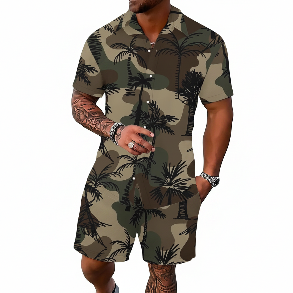 Men’s Sleeve Hawaiian Shirt with Black Palm Tree Print and Shorts Set 45