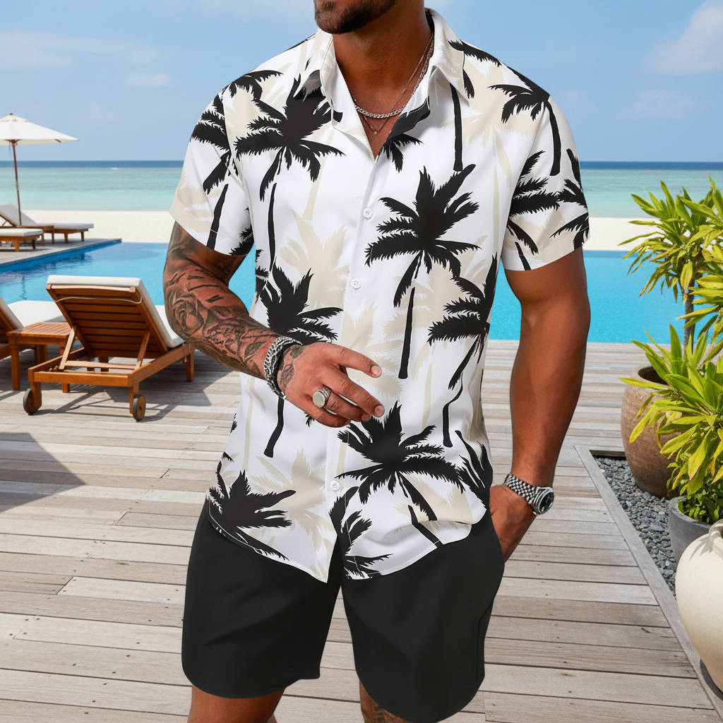 Men’s Sleeve Hawaiian Shirt with Black Palm Tree Print and Shorts Set 36
