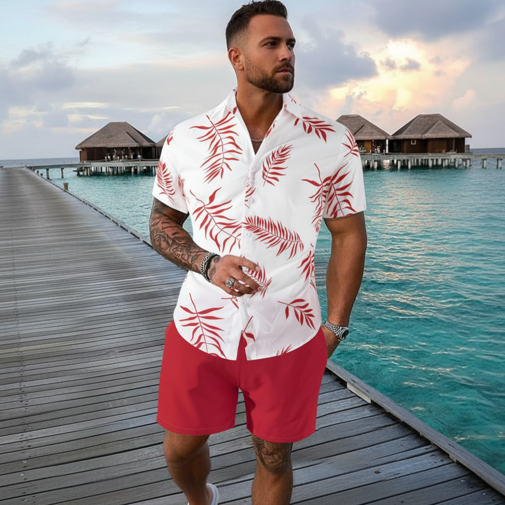 Men’s Sleeve Hawaiian Shirt with Black Palm Tree Print and Shorts Set 16
