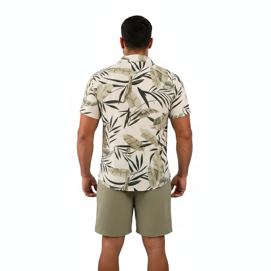 Men’s Sleeve Hawaiian Shirt with Black Palm Tree Print and Shorts Set 23