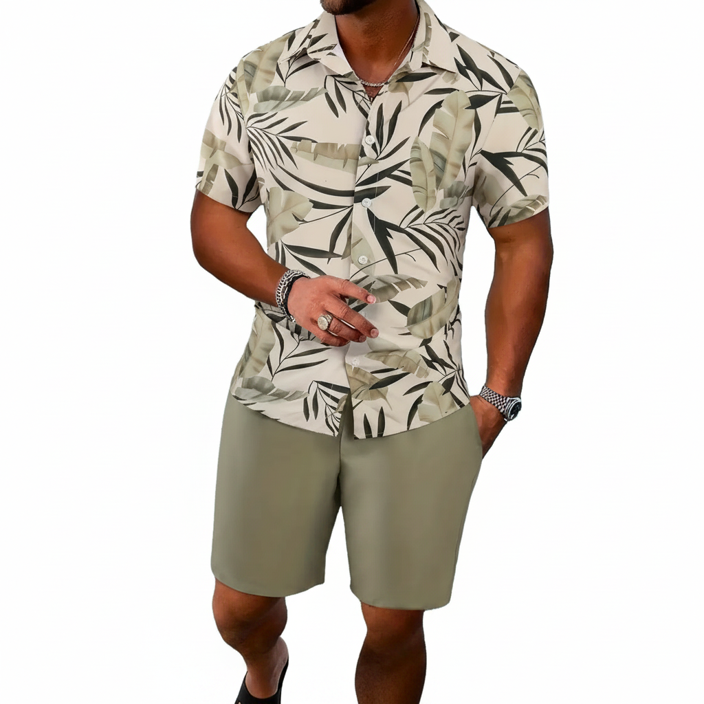 Men’s Sleeve Hawaiian Shirt with Black Palm Tree Print and Shorts Set 21