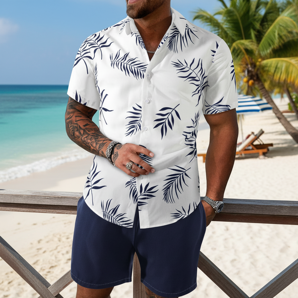 Men’s Sleeve Hawaiian Shirt with Black Palm Tree Print and Shorts Set 12