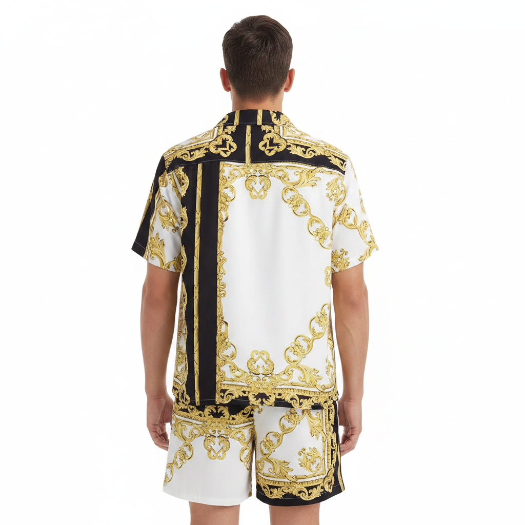 Men’s Sleeve Hawaiian Shirt with Black Palm Tree Print and Shorts Set 18