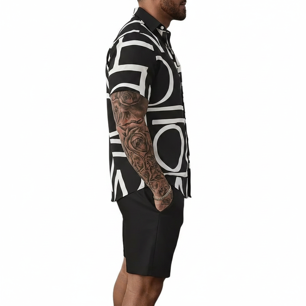 Men’s Sleeve Hawaiian Shirt with Black Palm Tree Print and Shorts Set 42