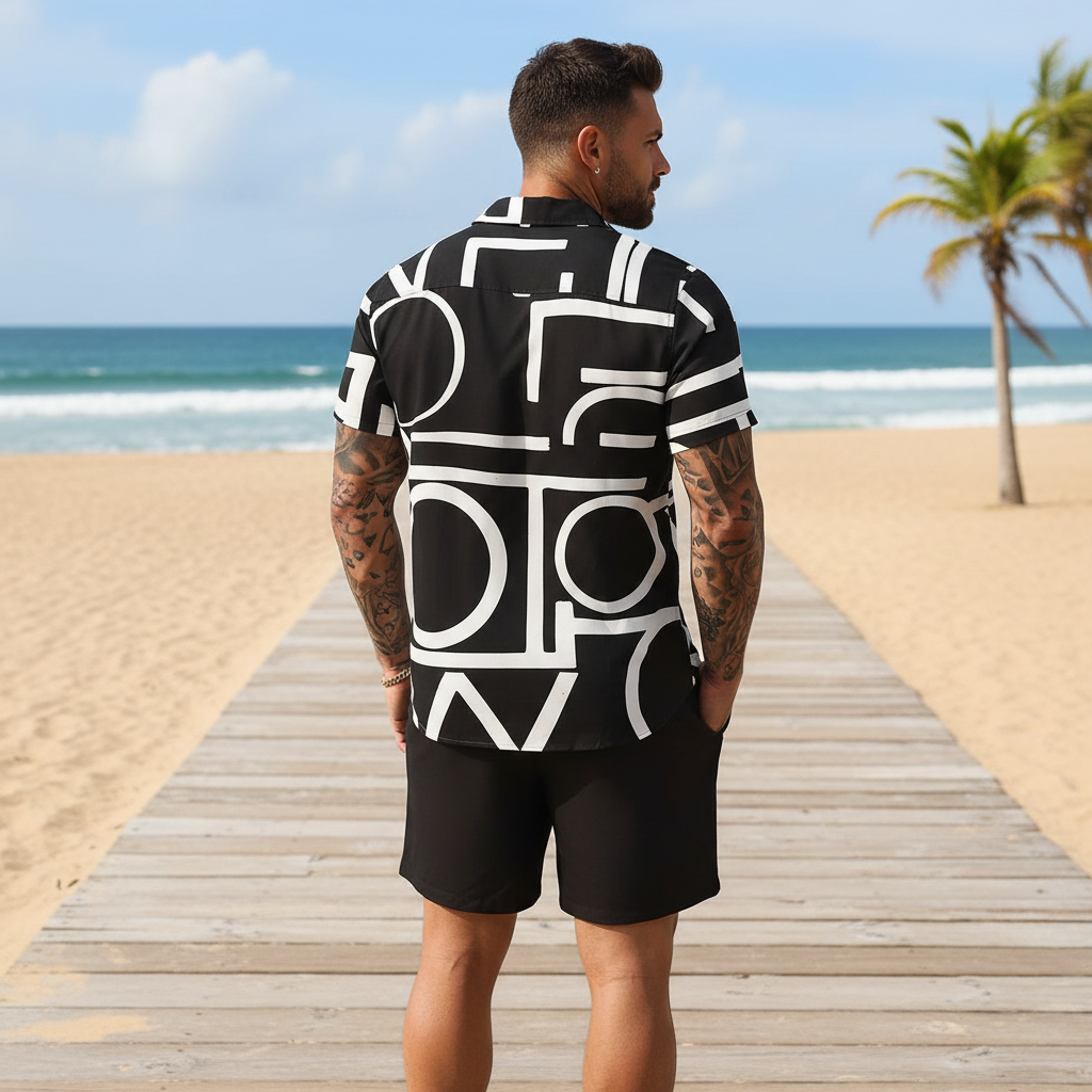 Men’s Sleeve Hawaiian Shirt with Black Palm Tree Print and Shorts Set 44