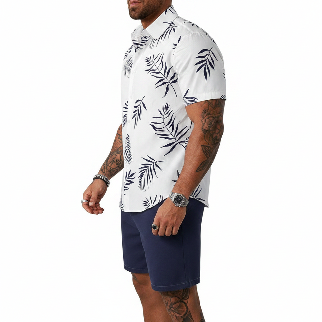 Men’s Sleeve Hawaiian Shirt with Black Palm Tree Print and Shorts Set 11