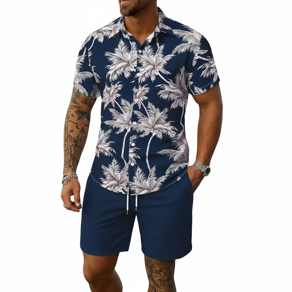Men’s Sleeve Hawaiian Shirt with Black Palm Tree Print and Shorts Set 29
