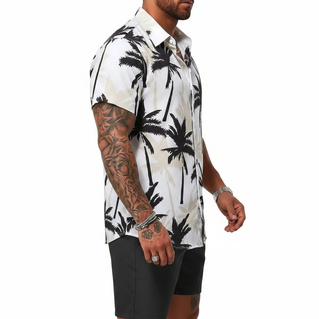 Men’s Sleeve Hawaiian Shirt with Black Palm Tree Print and Shorts Set 35