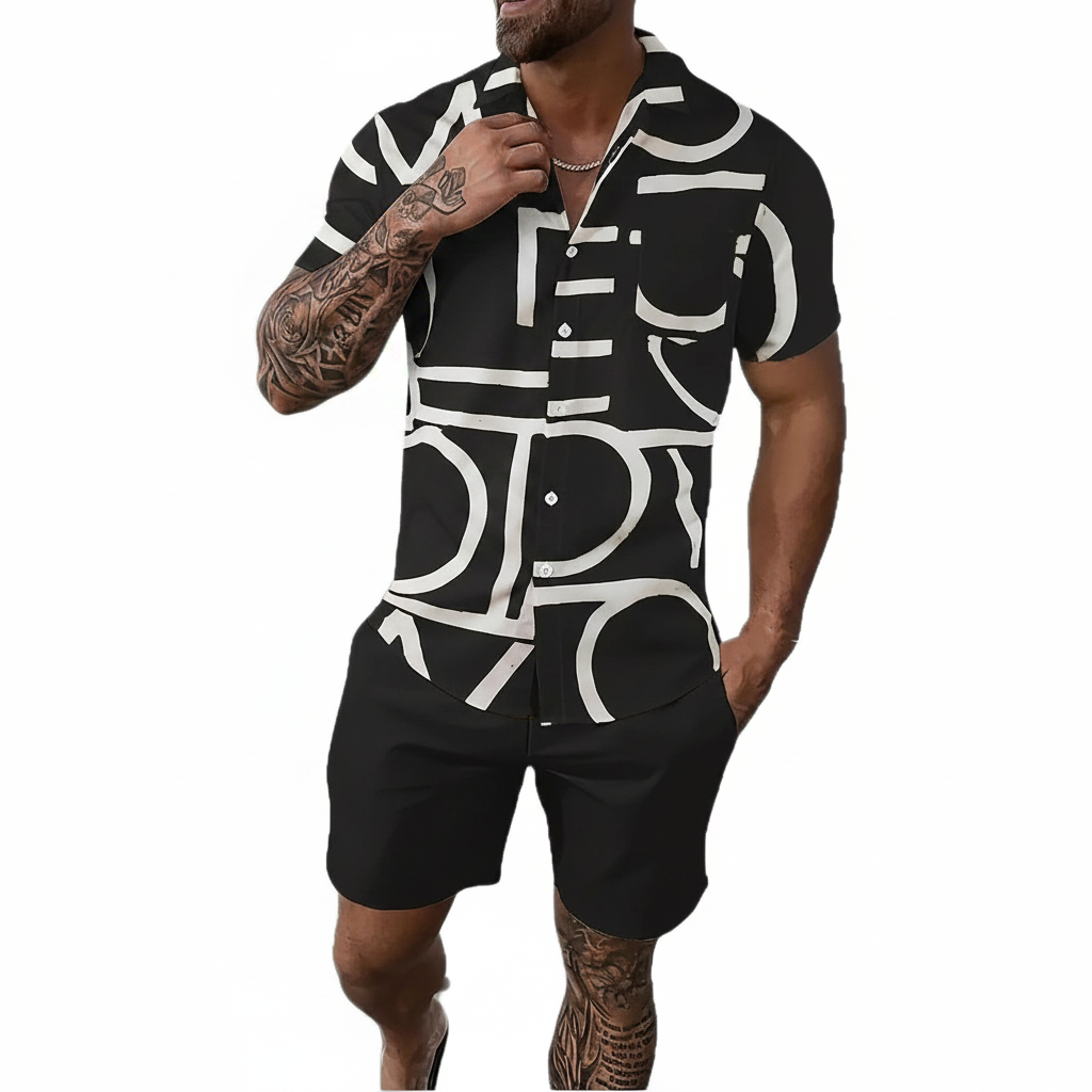 Men’s Sleeve Hawaiian Shirt with Black Palm Tree Print and Shorts Set 41