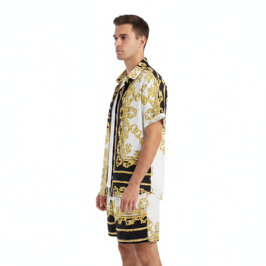 Men’s Sleeve Hawaiian Shirt with Black Palm Tree Print and Shorts Set 19